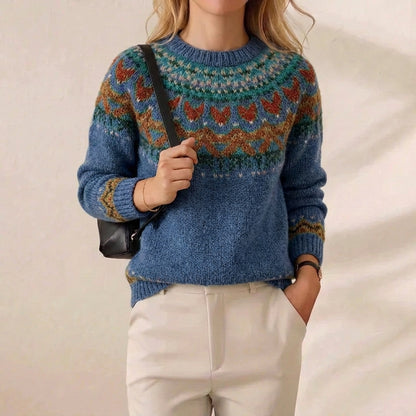 Denim Blue Bohemian Heart Fair Isle Crew Neck Sweater