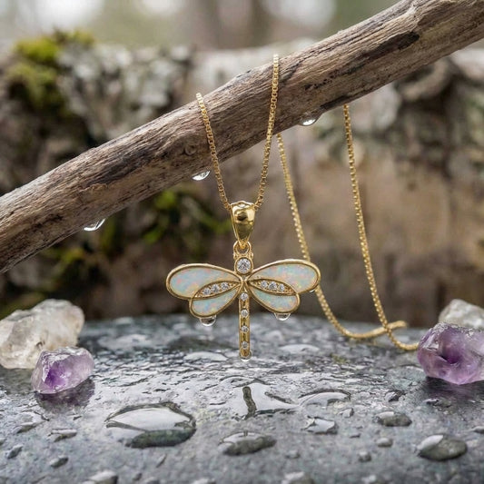 Dragonfly Necklace In Gold With Opal