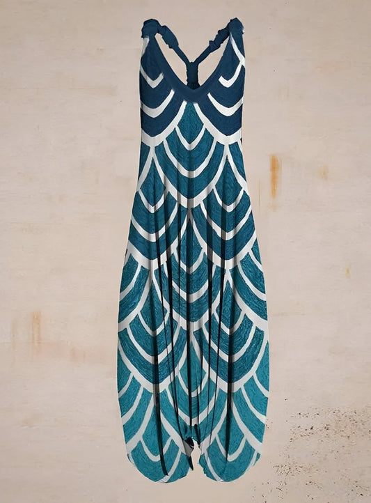 Romper Teal With Scallop Wave Print