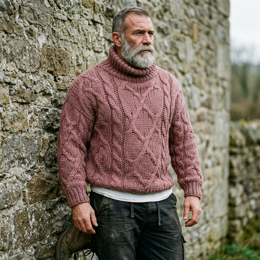 Dusty Rose Chunky Aran Cable Knit Turtleneck