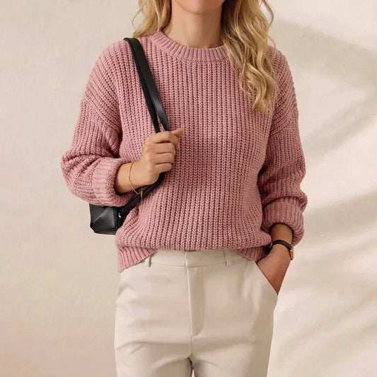 Dusty Rose Chunky Ribbed Oversized Crew Neck Knit Sweater