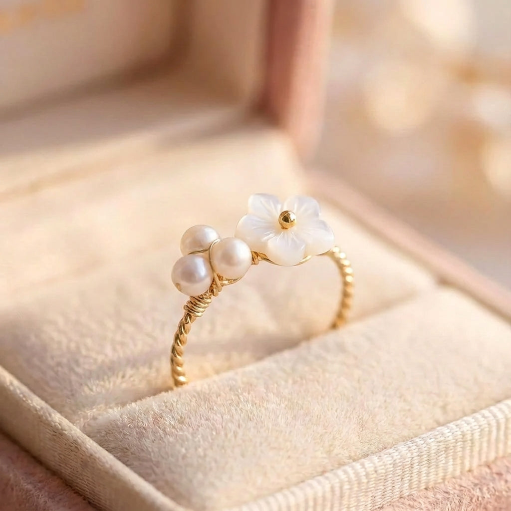 Elegant Adjustable Gold Wire Wrap Pearl & Flower Ring