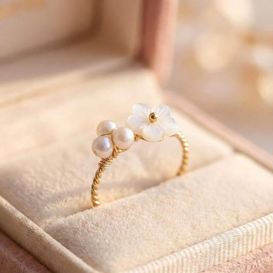 Elegant Adjustable Gold Wire Wrap Pearl & Flower Ring