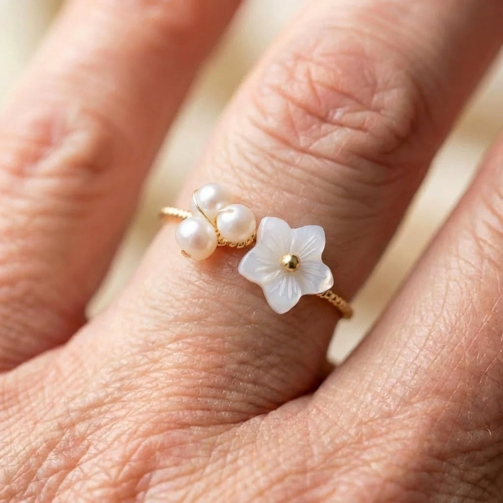 Elegant Adjustable Gold Wire Wrap Pearl & Flower Ring