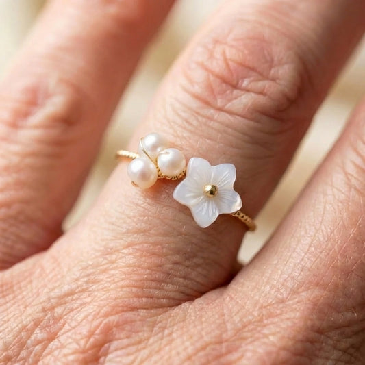 Elegant Adjustable Gold Wire Wrap Pearl & Flower Ring