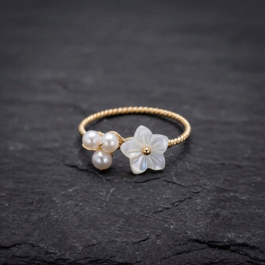 Elegant Adjustable Gold Wire Wrap Pearl & Flower Ring