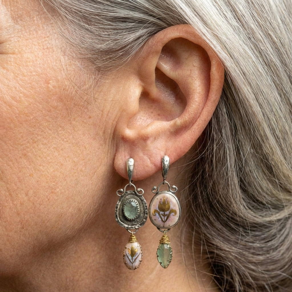 Elegant Art Nouveau Inspired Gemstone & Enamel Earrings