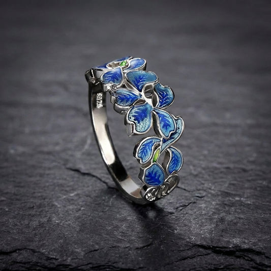 Elegant Blue Enamel Flower Ring 06062541