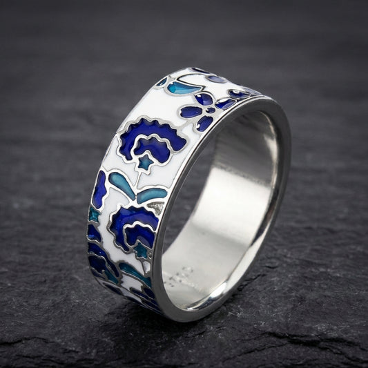 Elegant Blue Enamel Flower Ring 61065112