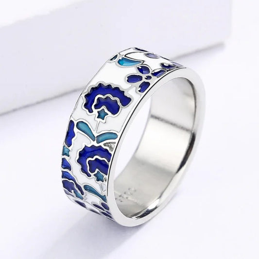 Elegant Blue Enamel Flower Ring