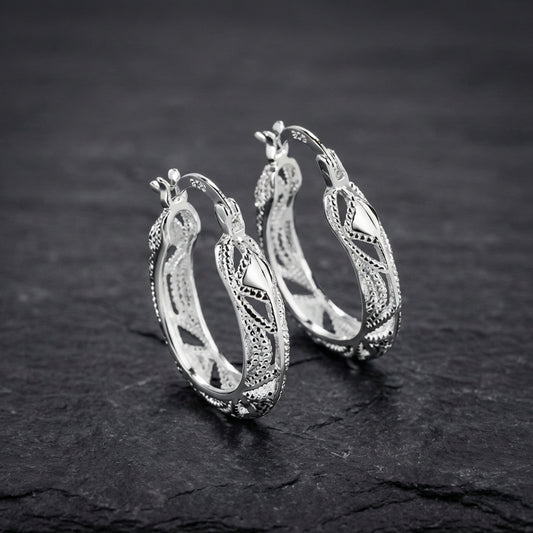 Elegant Hollow Carved Silver Hoop Earrings