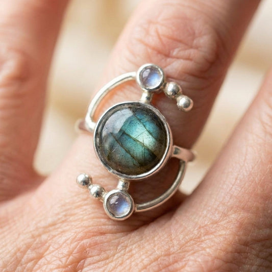 Elegant Labradorite Three Stone Ring