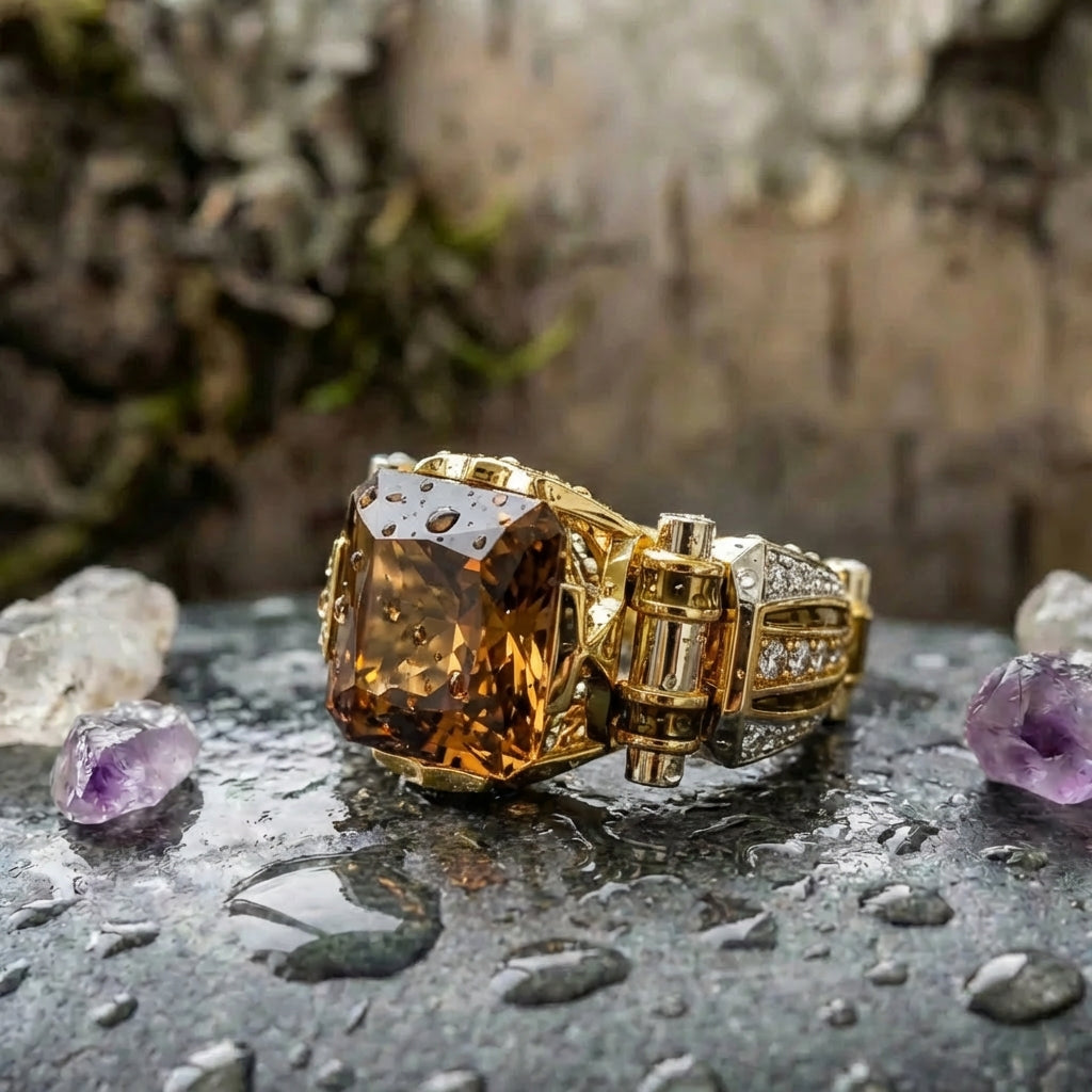 Elegant Maze Cutout Band Amber Ring