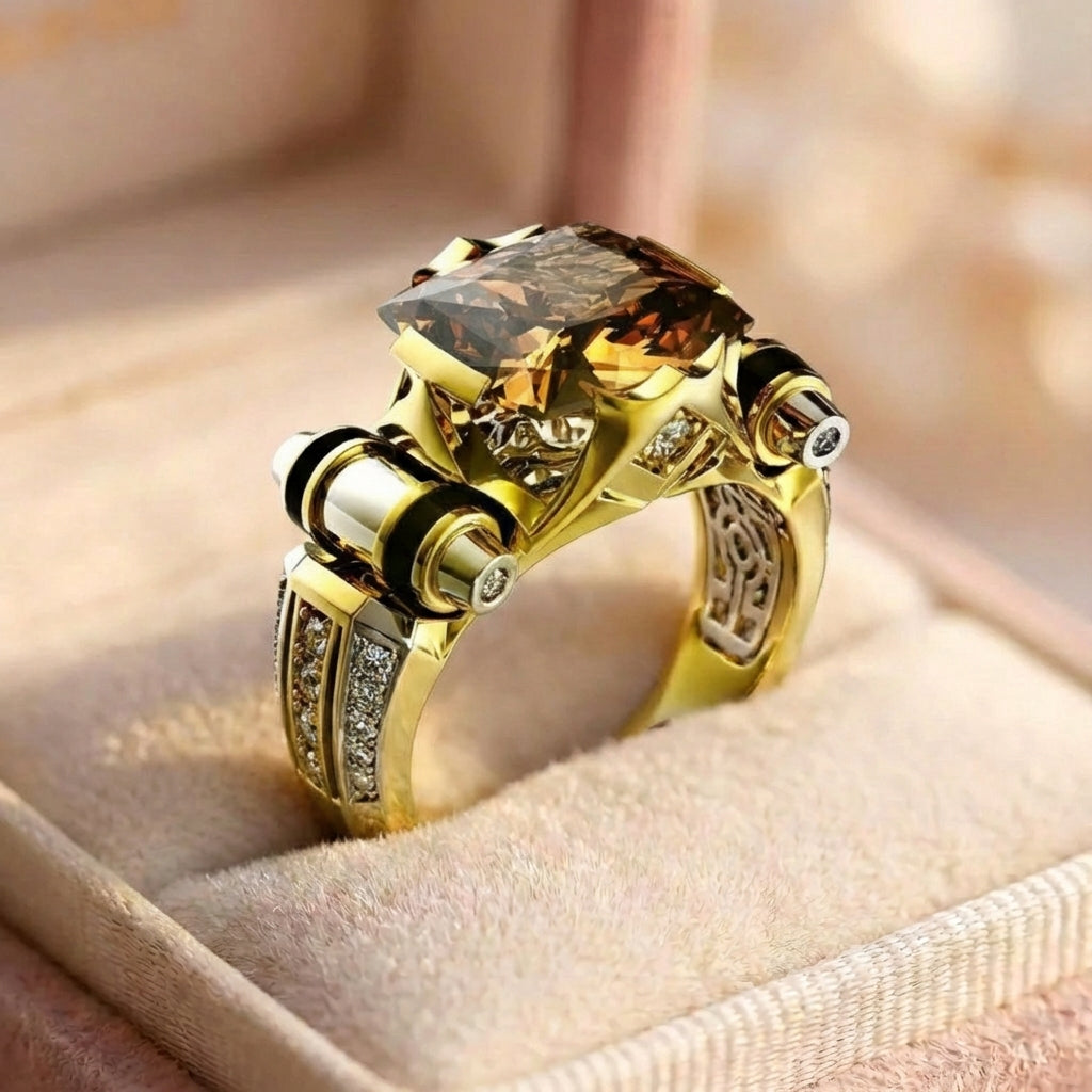 Elegant Maze Cutout Band Amber Ring