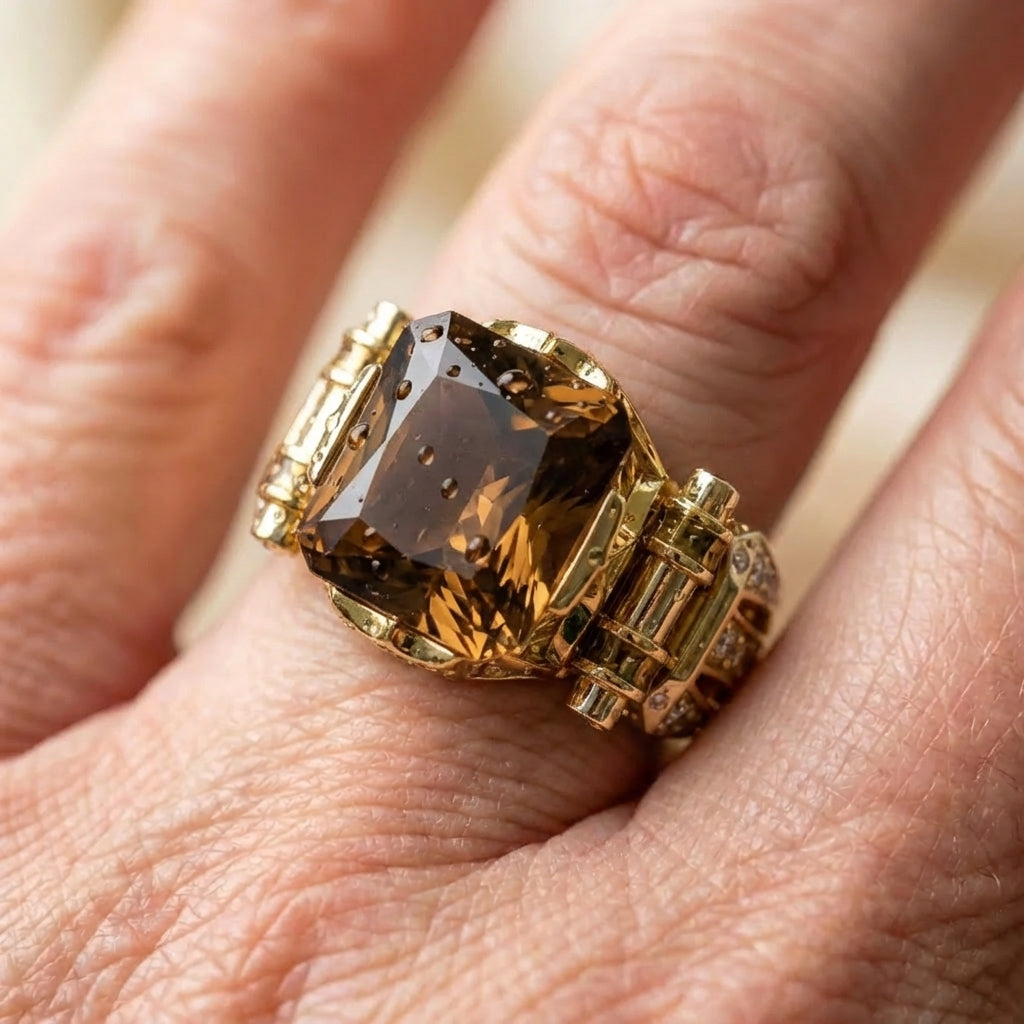 Elegant Maze Cutout Band Amber Ring