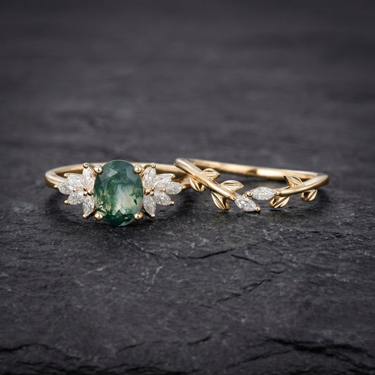 Elegant Moss Agate Ring Set 28938977