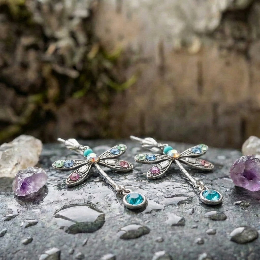 Elegant Multicolor Crystal Dragonfly Drop Earrings