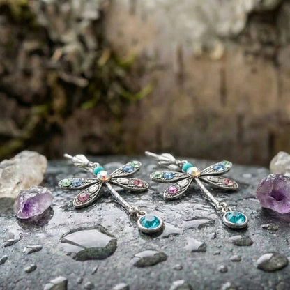 Elegant Multicolor Crystal Dragonfly Drop Earrings