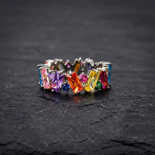Elegant Rainbow Baguette Eternity Band Ring