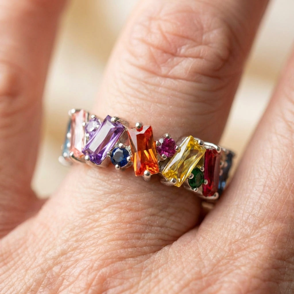 Elegant Rainbow Baguette Eternity Band Ring