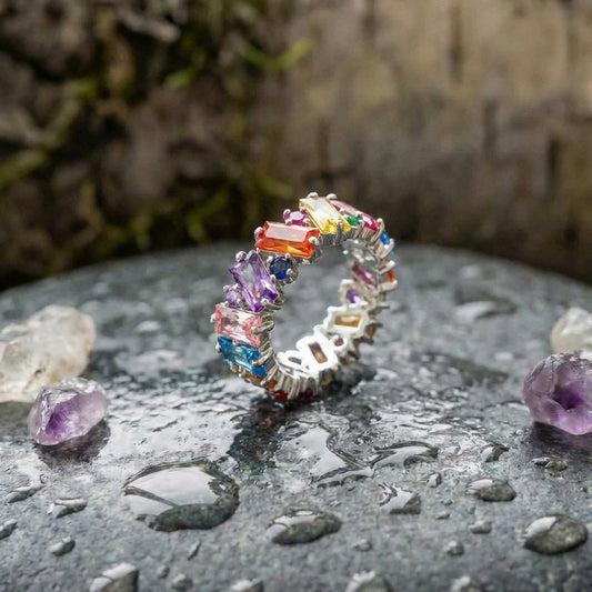 Elegant Rainbow Baguette Eternity Band Ring