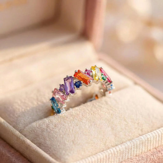 Elegant Rainbow Baguette Eternity Band Ring
