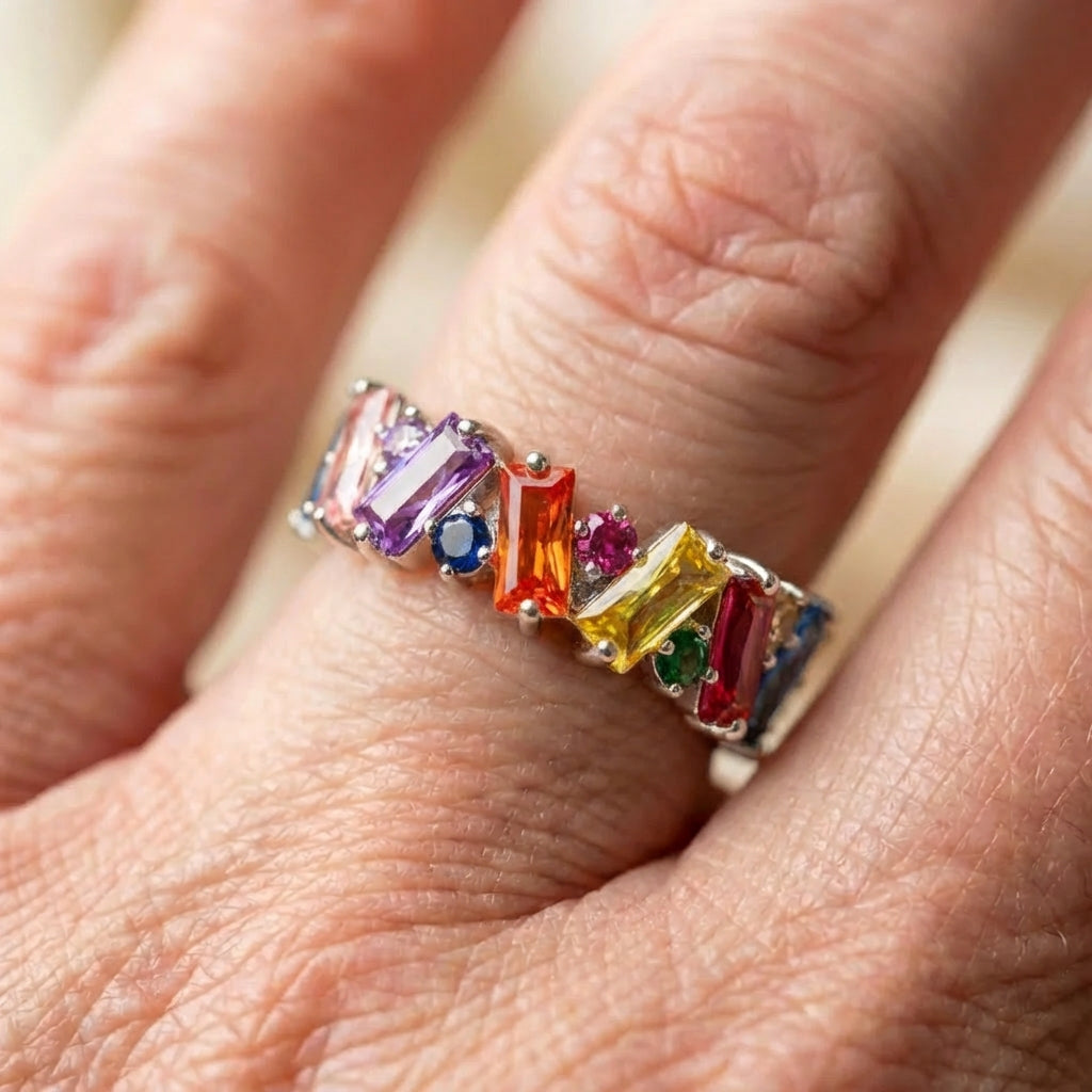 Elegant Rainbow Baguette Eternity Band Ring
