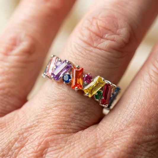 Elegant Rainbow Baguette Eternity Band Ring