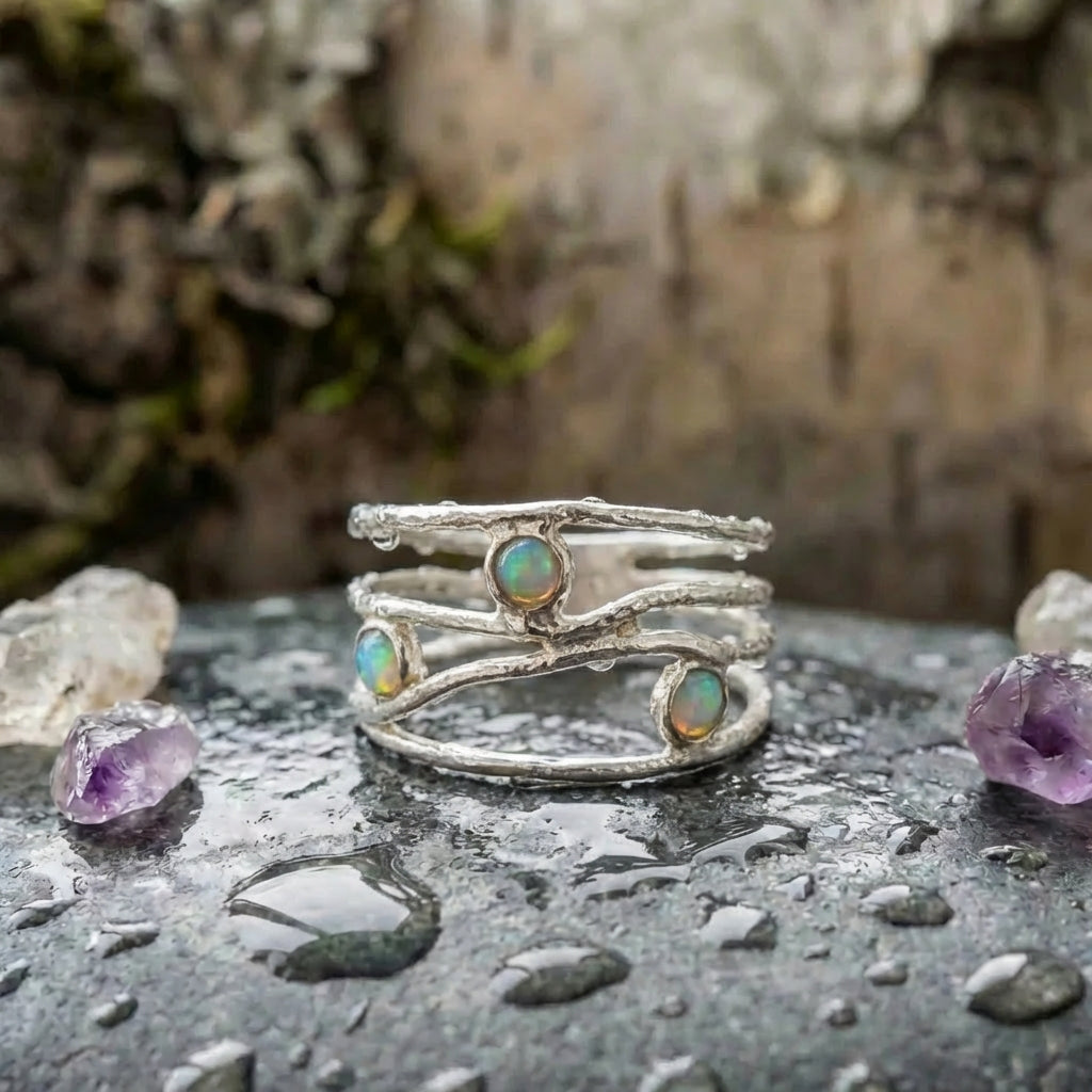 Elegant Silver Opal Vine Ring