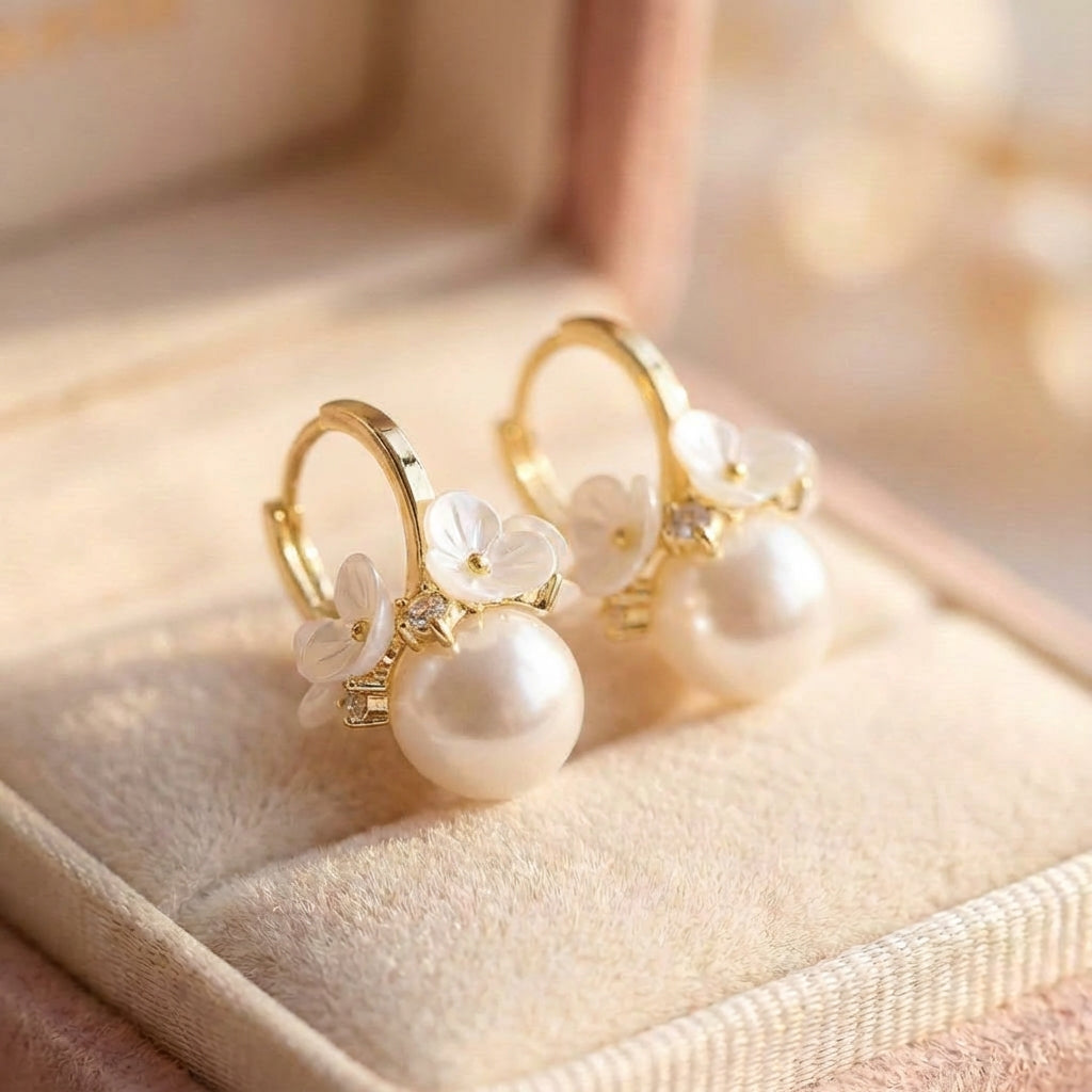 Elegant White Flower Cluster Pearl Earrings