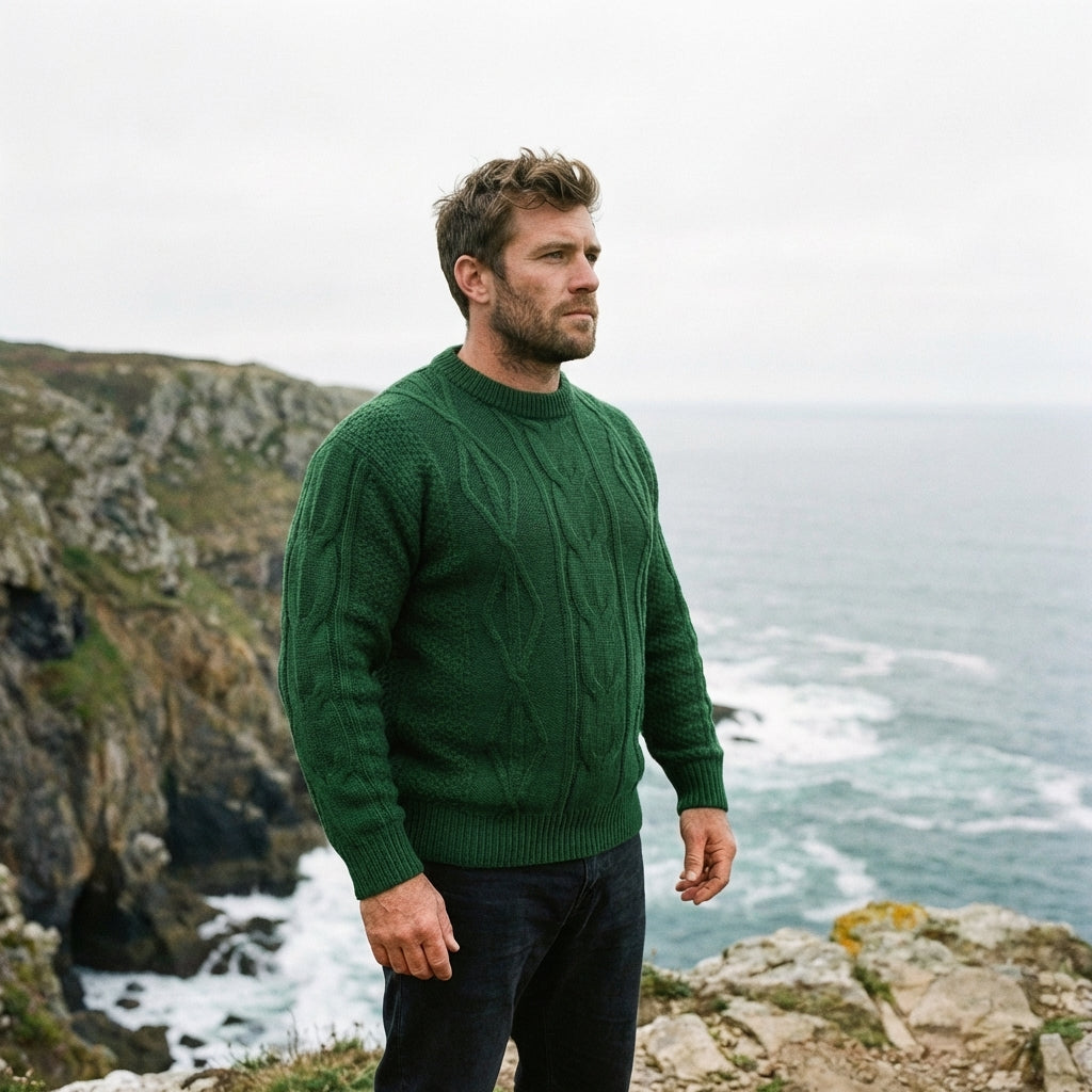 Emerald Green Aran Cable Knit Crewneck