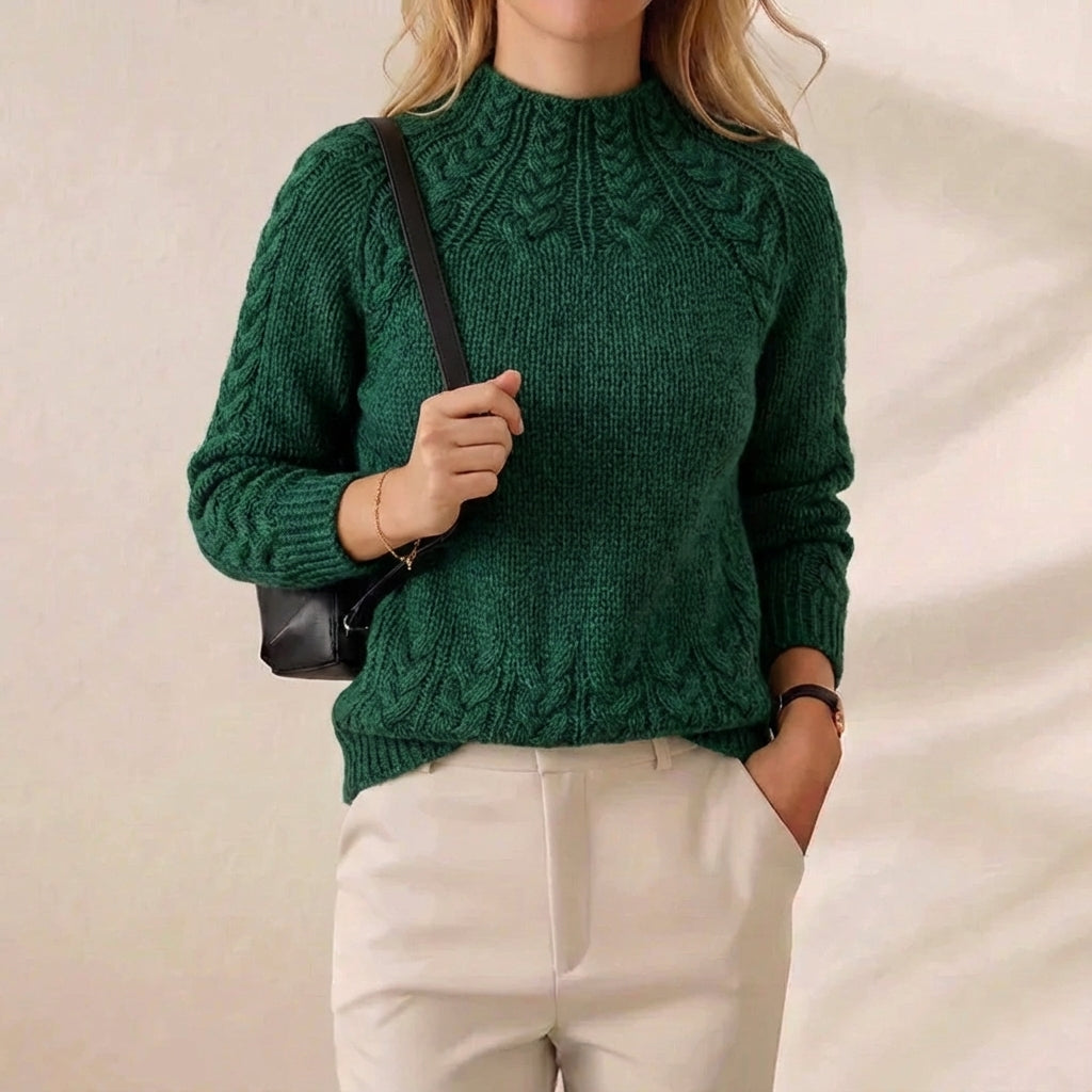 Emerald Isle Cable Knit Forest Green Mock Neck Sweater