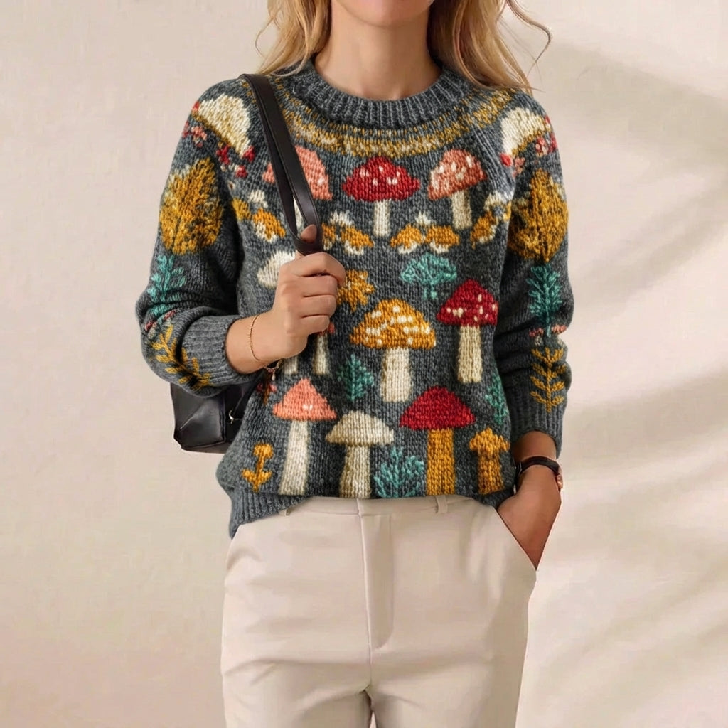 Enchanted Forest Mushroom Intarsia Knit Sweater