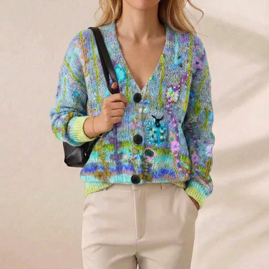 Enchanted Meadow Floral Embroidered Button Front Knit Cardigan – Aqua