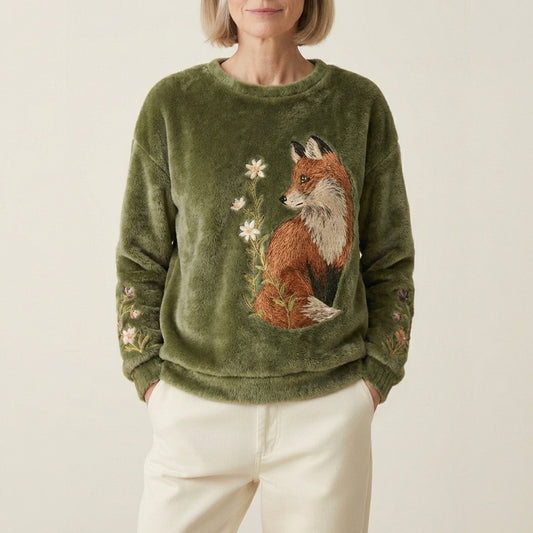 Fleece Hoodie With Fox And Daisy Embroidery