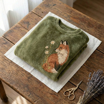 Fleece Hoodie With Fox And Daisy Embroidery