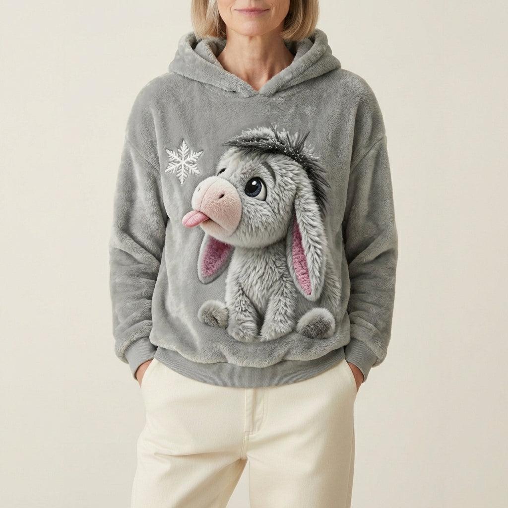 Fleece Hoodie With Playful Donkey Face