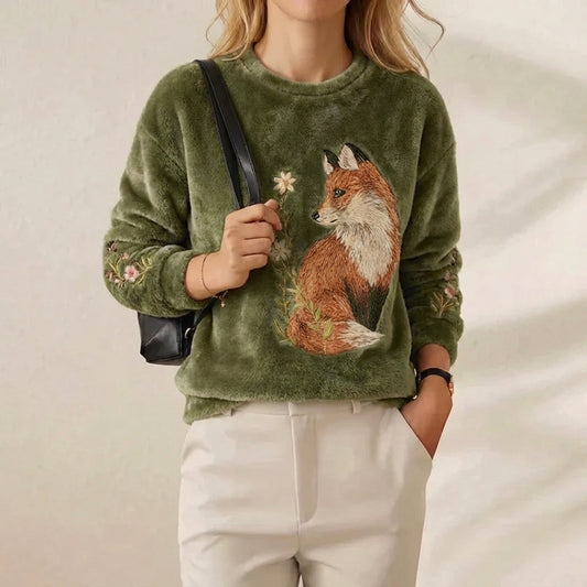 Forest Fox Embroidered Fleece Olive Green Plush Crewneck Sweatshirt