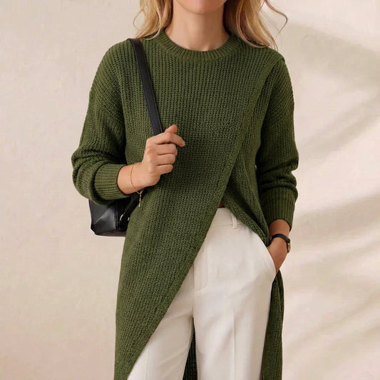 Forest Green Asymmetric Side Split Ribbed Crew Neck Sweater