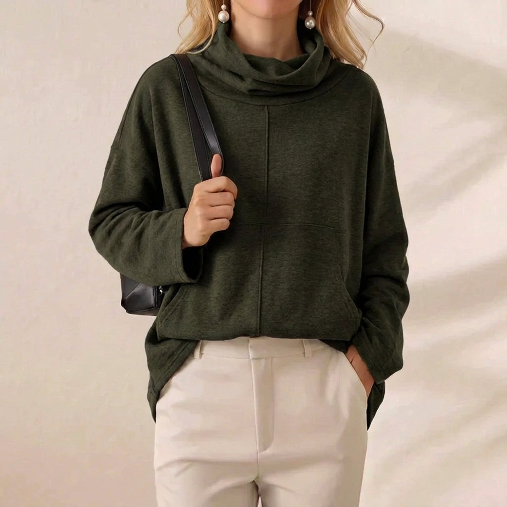 Forest Green Oversized Cowl Neck Fleece Pullover With Pocket