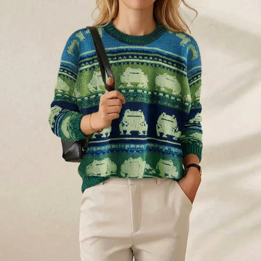 Frog Pond Fair Isle Crewneck Blue & Green Novelty Knit Pullover