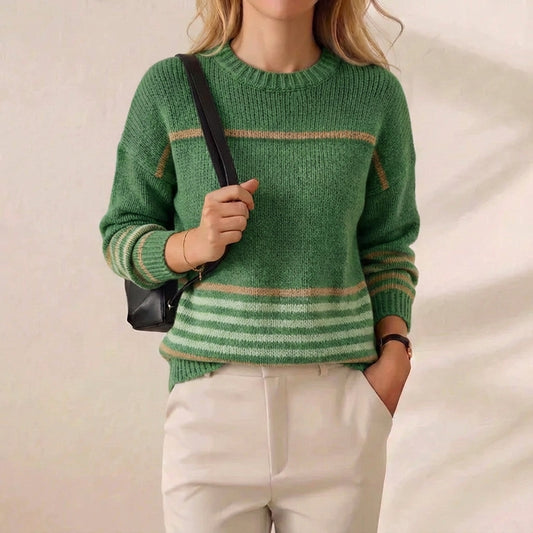 Garden Stripe Crewneck Green & Camel Striped Knit Pullover