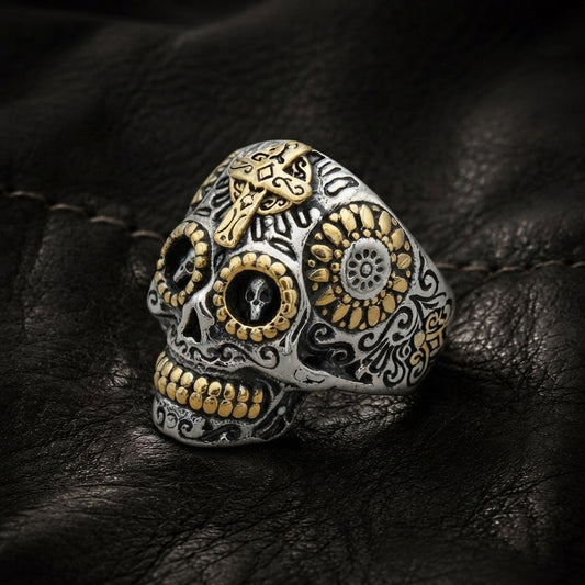 Gold Cross Skull Statement Ring