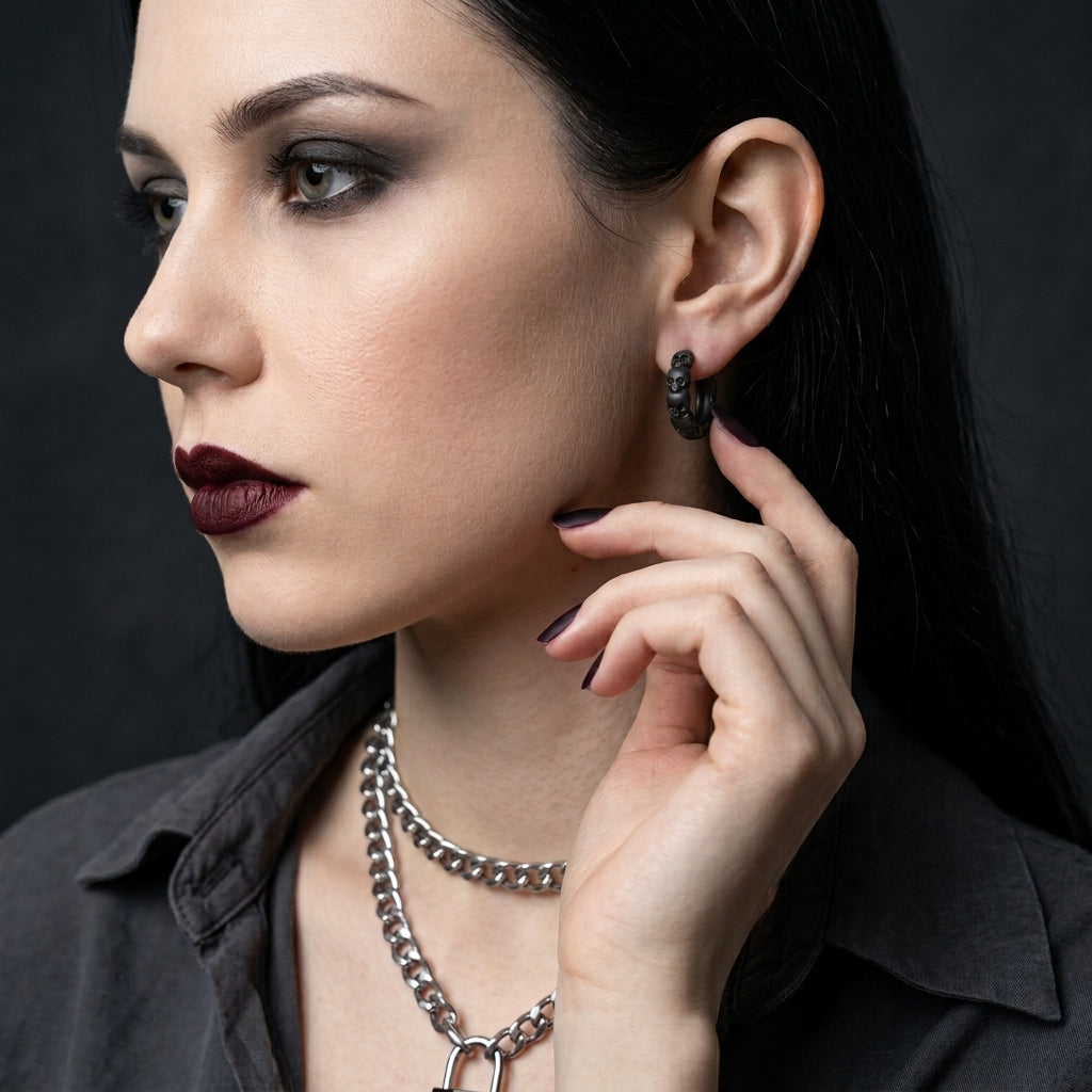Stacked Skulls Huggie Hoops