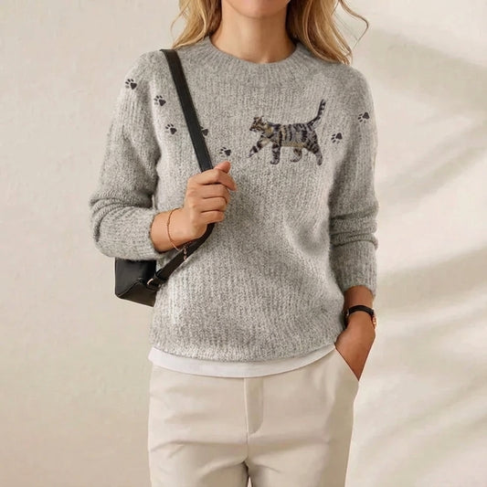 Cotton Sweater Gray with Kitten & Paw Prints