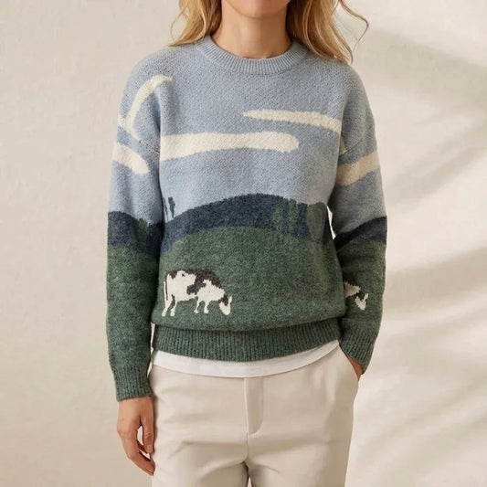 Cotton Sweater Blue & Green with Landscape & Sheep Pattern