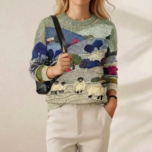 Cotton Sweater Multicolor with Landscape & Sheep Pattern