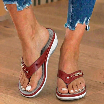 Orthopedic Embellished Wedge Thong Sandals - Rhinestone & Metal Hardware
