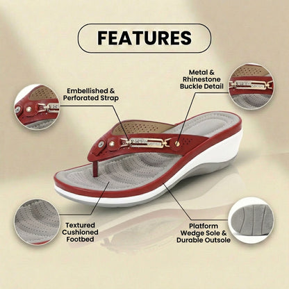 Orthopedic Embellished Wedge Thong Sandals - Rhinestone & Metal Hardware