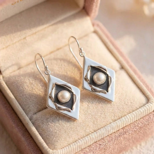 Vintage Inlaid Pearl Silver Earrings